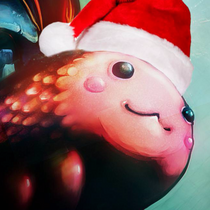 A fantasy pink fish wearing a Christmas hat